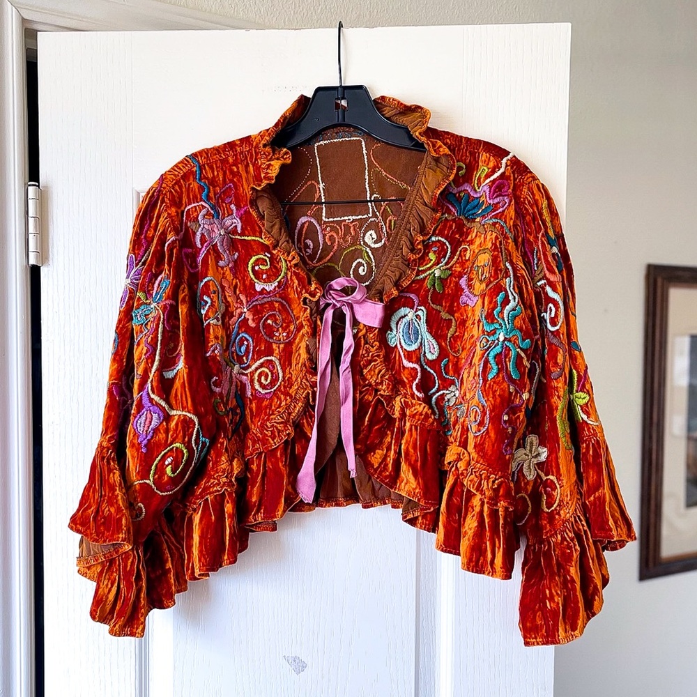 Magnolia Pearl Velvet Bolero Jacket Burnt Orange Embroidered Rare Vintage OS EUC - Picture 1 of 8